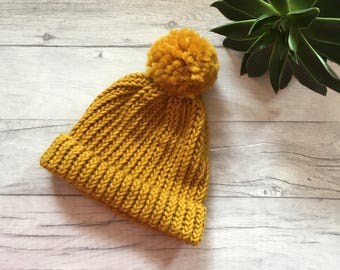 Hand knitted mustard bobble hat, winter clothing, fishermans beanie hat, gifts for men, merino wool knit hat, women cosy knits