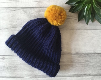 Super chunky hat in navy blue made from merino wool,  mens bobble hat, bobble hat womens, gift for kids, gift for her, gift for him