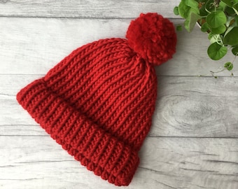 Red knitted hat, bobble hat, chunky knit accessories, red knit hat, hats for women, knitted beanie hat men