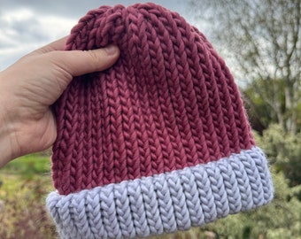 ADULT hand knitted beanie hat - 100% merino wool hat