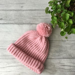 Wool bobble hat, women knitted hat, fall apparel, pastel pink chunky knit hat, cosy knits