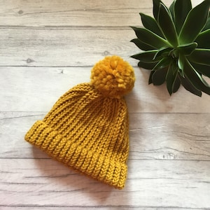 Hand knitted mustard bobble hat, winter clothing, fishermans beanie hat, gifts for men, merino wool knit hat, women cosy knits image 1