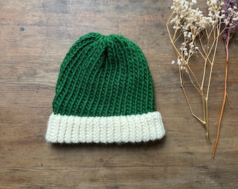 Pine Green Wool Beanie: Hand Knit Fisherman Style Knit Hat