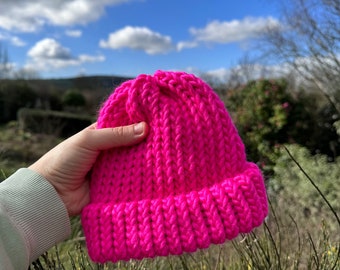 6-12 Months - Neon pink beanie hat - bright colour hats - kids knitwear - baby hand knitted hat - the Dorothy days hat - chunky knit hat