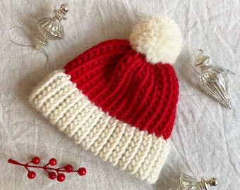Hand Knitted Merino Wool Santa Hat: Christmas Knitwear - Kids