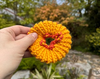 Sunflower two colour knitted scrunchie - Super Seconds Festival Sale - hand knitted hair tie - scrunchy