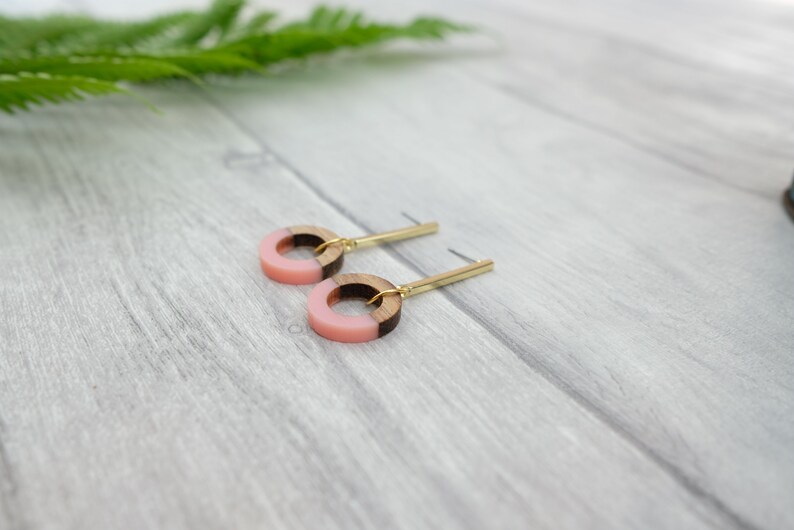 Pink circle earrings with wood and resin pink geometric earrings wooden earrings pastel pink jewelry image 2