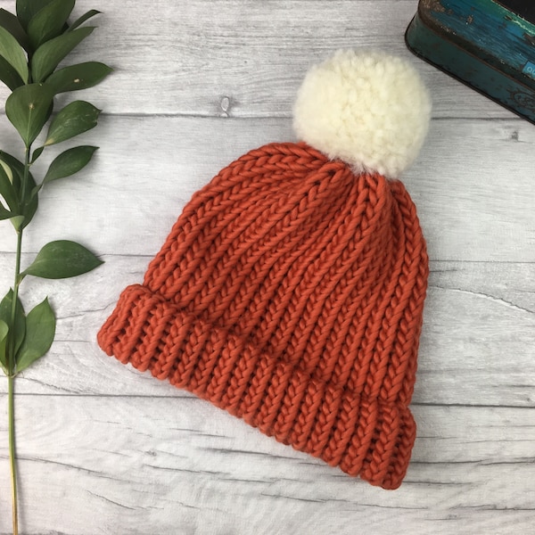 Burnt orange knitted hat, fall knitwear, merino hat, rust beanie, matching mom baby