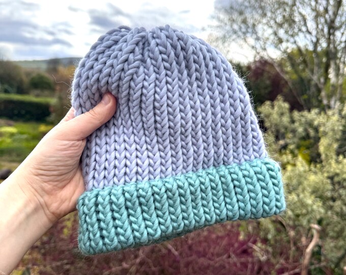 ADULT Blue beanie hat made from merino wool - chunky knit hat