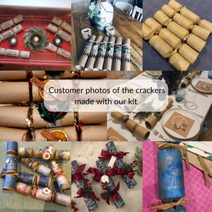 May include: A collection of customer photos showcasing DIY Christmas crackers made with a craft kit. The crackers are decorated with various festive designs, including snowflakes, holly, and a peacock.
