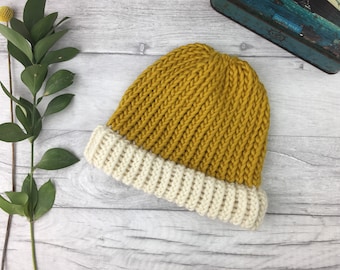 Chunky knit hat, mustard beanie hat, gifts for men, fisherman beanie, ladies knitted hat