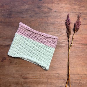 May include: A two-tone knitted neck warmer in soft pastel colours. The top section is a muted pink, and the bottom is a light mint green. The chunky knit accessory is displayed on a rustic wooden surface, with dried floral stems.