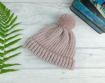 Mink pink knitted bobble hat, pink toddler hat, matching mum baby, cosy knits, spring knitwear, small head hat, ladies hat