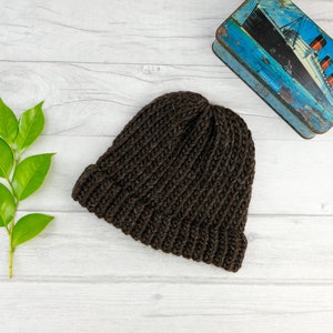 Hand Knitted Shetland Wool Beanie: Dark Brown Fisherman Style