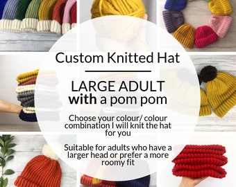 Custom LARGE ADULT knitted bobble hat - custom knitted beanie hat - custom knitwear - hats for men - hats for women