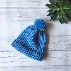 Cornflower blue knitted hat, merino wool hat, chunky knit hat