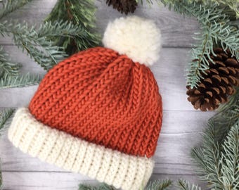 Burnt orange knitted hat, autumn knitwear, cosy knits fall, mens beanie, women bobble hat