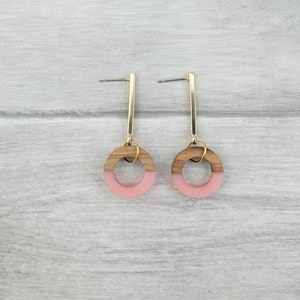 Pink circle earrings with wood and resin pink geometric earrings wooden earrings pastel pink jewelry image 3