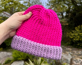 Hand knitted ADULT beanie - 100% merino wool - colourful knitwear - neon pink hat - cute knitwear