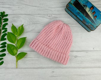 Pink merino beanie hat, women knitted hat, chunky knit