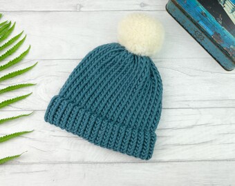 Teal hand knit hat by The Dorothy Days, teal wool beanie, bobble hat for women, hats for men, toddler knitwear