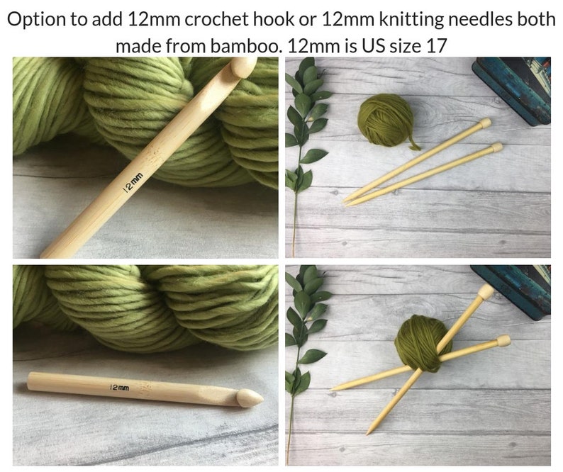 Puede incluir: Dos agujas de tejer de bamb&uacute; de 12 mm y un gancho de crochet de bamb&uacute; de 12 mm. Las agujas y el gancho est&aacute;n al lado de una bola de hilo verde.