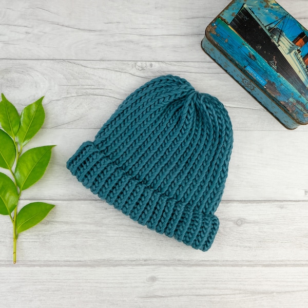 Teal fisherman beanie, knit accessories, cosy knitwear, chunky knit hat