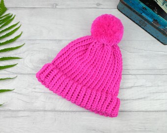 Bonnet rose néon, bonnet tricoté, bonnet à pompon en laine mérinos, bonnet de course