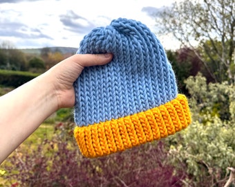 ADULT Blue and Yellow beanie hat - knitwear for her - knitwear for him - football hat - sports beanie - spring fashion - for wife husband