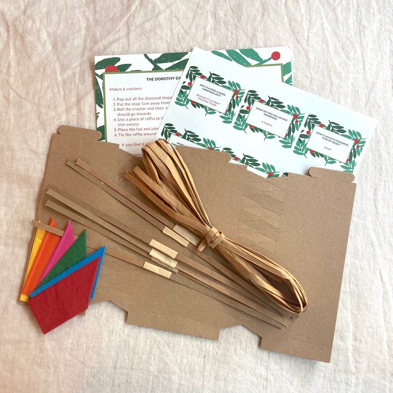 Christmas cracker kit containing brown kraft crackers, colourful tissue paper hat, cracker snaps, paper raffia, instructions and jokes which are printed with a winter berry design.