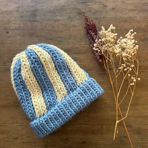 Striped Blue and White Wool Hat - Adult Size - Stripes knitted hat - trending patterns - stripe knitwear