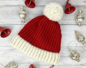 Knitted Santa hat, handmade item festive christmas hat, baby first christmas, xmas hat, father christmas, santa claus hat, gift for couple