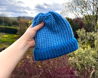 Adult - Blue tones beanie hat - hat for outdoors - adult knitwear UK - chunky knit hat - spring knitwear