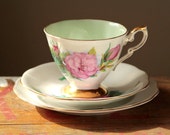 floral mug Pink rose teacup saucer and side plate set trio - english vintage UK