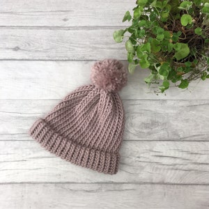 Mink pink hat, cold weather accessories, dusky pink bobble hat, hats for women
