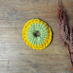 May include: A handmade, circular coaster with a hole in the center. The coaster is crocheted with yellow and green yarn. Dried, reddish-brown flowers are in the background, set against a wooden surface.