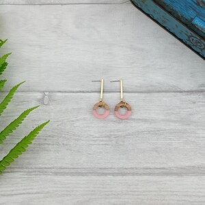 Pink circle earrings with wood and resin pink geometric earrings wooden earrings pastel pink jewelry image 4