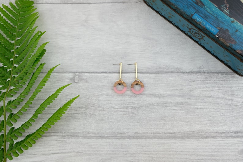 Pink circle earrings with wood and resin pink geometric earrings wooden earrings pastel pink jewelry image 4