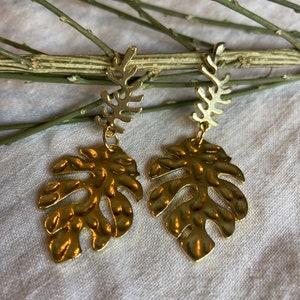 Gold Monstera Leaf Dangle Earrings: Statement Jewelry