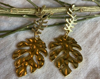 Gold monstera leaf earrings, cheese plant earring, statement jewellery, large dangle earrings, dangly earrings