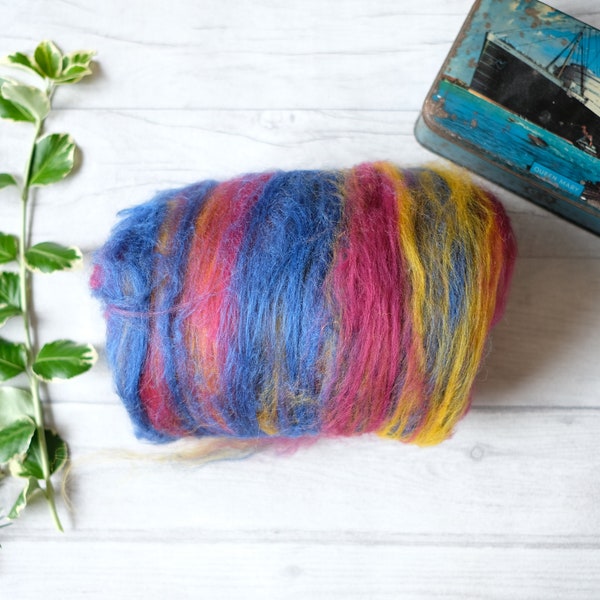 Hand carded art batt for fibre crafts in blue purple and yellow tones - smooth wool batt - spinning supplies - rich colours - UK seller