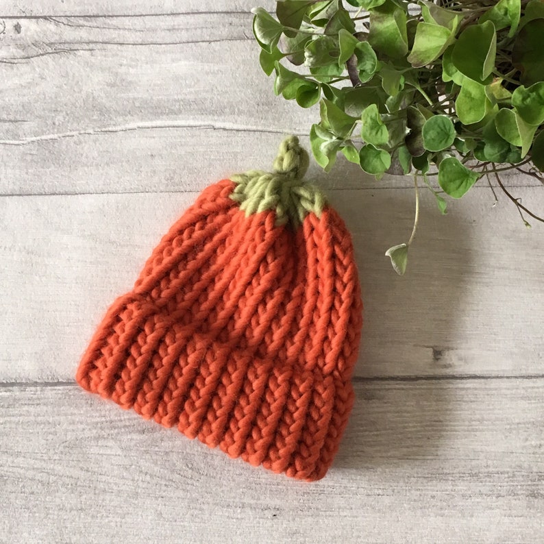Puede incluir: Un gorro de punto naranja con una parte superior verde, que se asemeja a una calabaza.