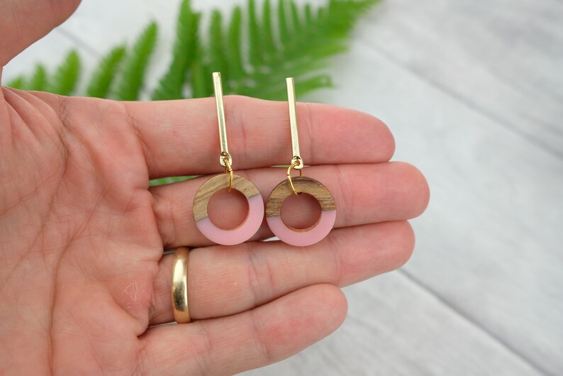 Pink circle earrings with wood and resin pink geometric earrings wooden earrings pastel pink jewelry image 8