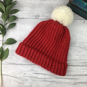 Red bobble hat, gift for her, gift for him toddler beanie, hats for adults, gift for couple, gift for kids, gift for him, gift for her