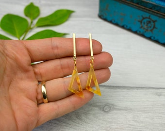 Yellow triangle earrings - dangle drop earrings - colourful geometric earrings - large post earrings