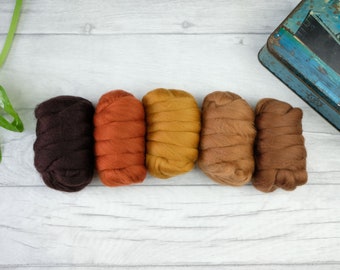 Brown merino wool roving bundle, roving for felting, brown weaving supplies, fall autumn