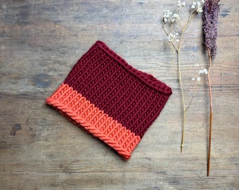 Knitted Neck Warmer Scarf in Merino Wool - Snood - Red and Orange