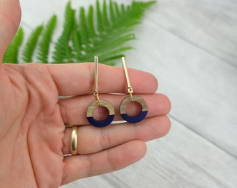 Navy blue circle earrings - autumn jewelry - blue dangle earrings - fall jewelry - wood earrings