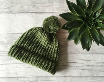 Olive green knit hat, wool knitted hat, winter knitwear, knit hat men, knitwear women