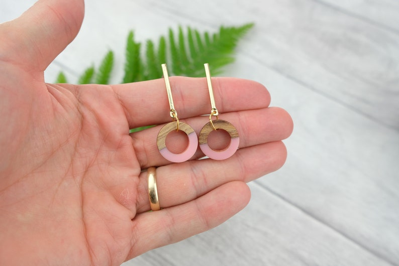 Pink circle earrings with wood and resin pink geometric earrings wooden earrings pastel pink jewelry image 1